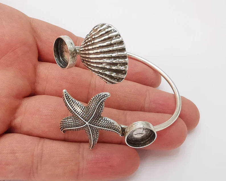 Starfish sea shell silver bracelet brass cuff blank bezel Glass cabochon base Adjustable antique silver brass (12 mm blanks ) G26153