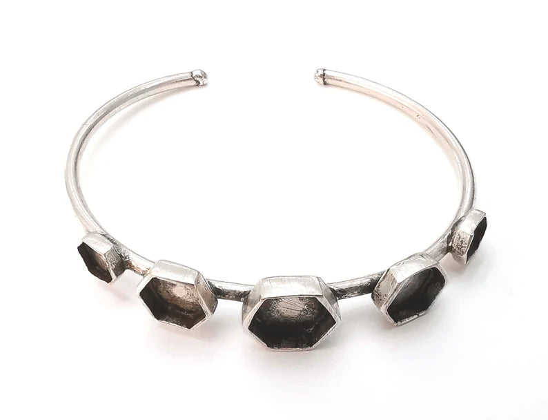 Hexagonal silver bracelet brass cuff blank bezel Glass cabochon base Adjustable antique silver brass G26154