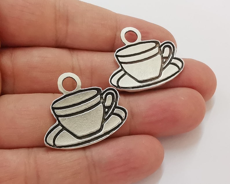 2 Coffee cup silver charms Antique silver plated charms (30x25mm) G25947