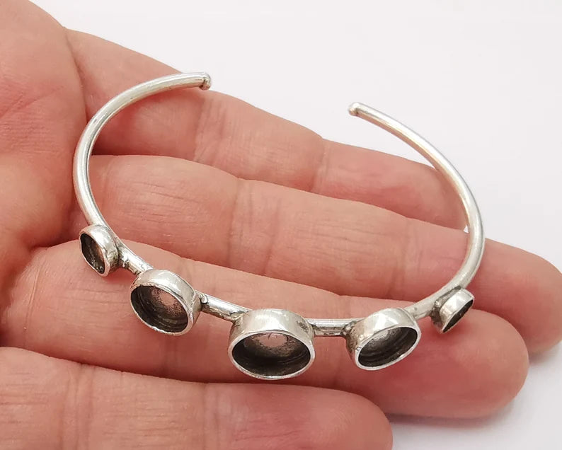 Round silver bracelet brass cuff blank bezel Glass cabochon base Adjustable antique silver brass G26157