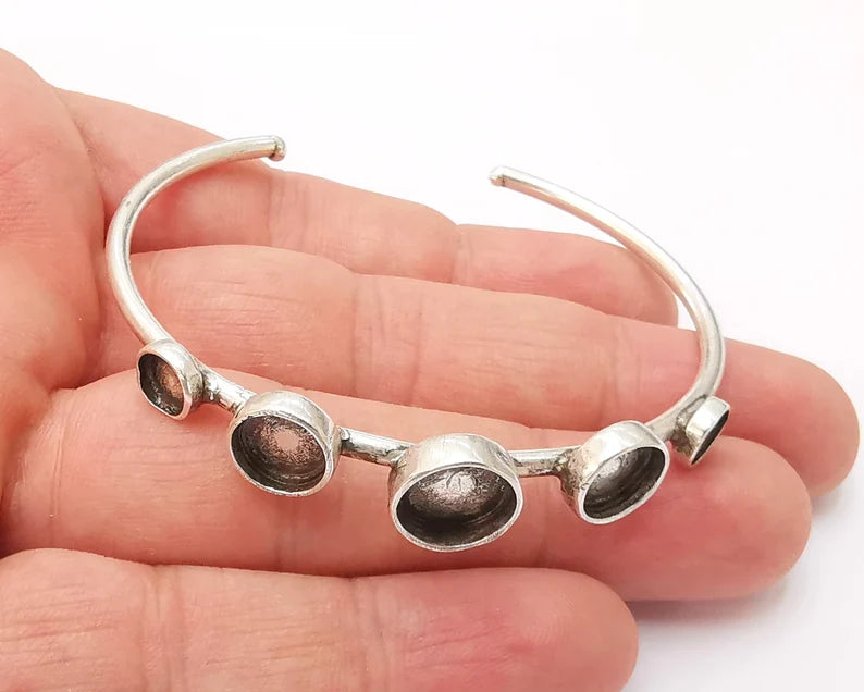 Round silver bracelet brass cuff blank bezel Glass cabochon base Adjustable antique silver brass G26157