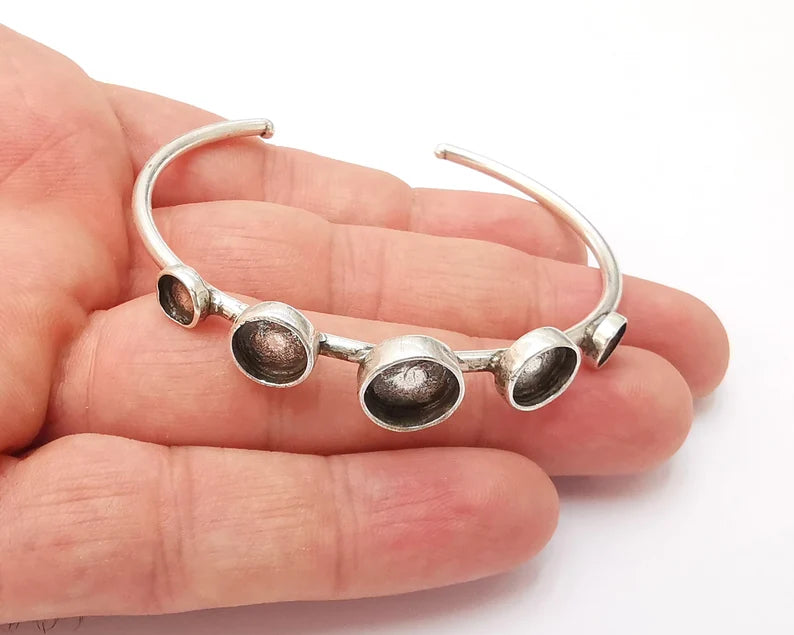 Round silver bracelet brass cuff blank bezel Glass cabochon base Adjustable antique silver brass G26157