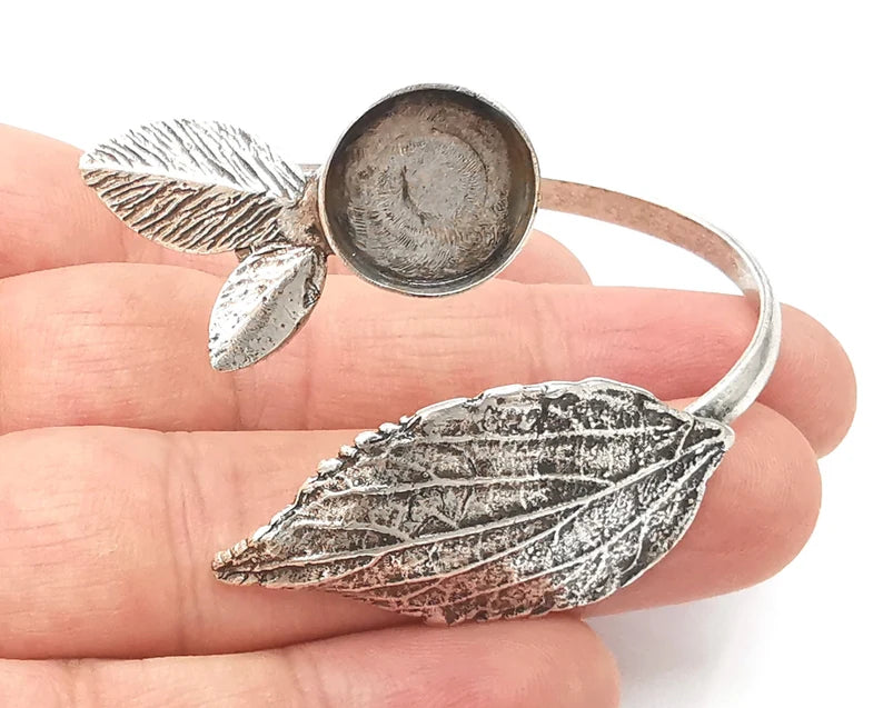 Leaf leaves bracelet brass cuff blank bezel Glass cabochon base Adjustable antique silver plated brass (14mm Blank) G26159