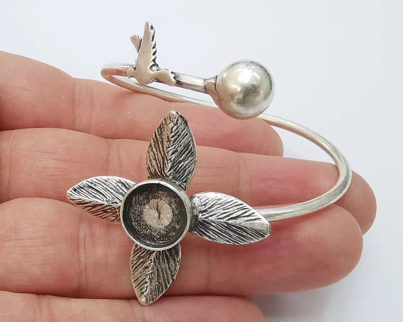 Leaf bird ball silver bracelet brass cuff blank bezel Glass cabochon base Adjustable antique silver brass (12mm blank) G26160