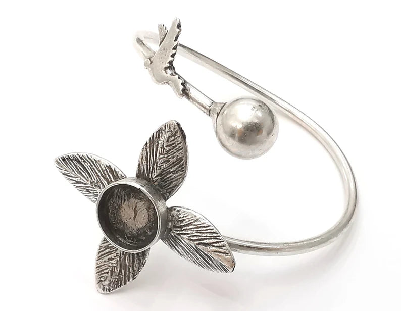 Leaf bird ball silver bracelet brass cuff blank bezel Glass cabochon base Adjustable antique silver brass (12mm blank) G26160