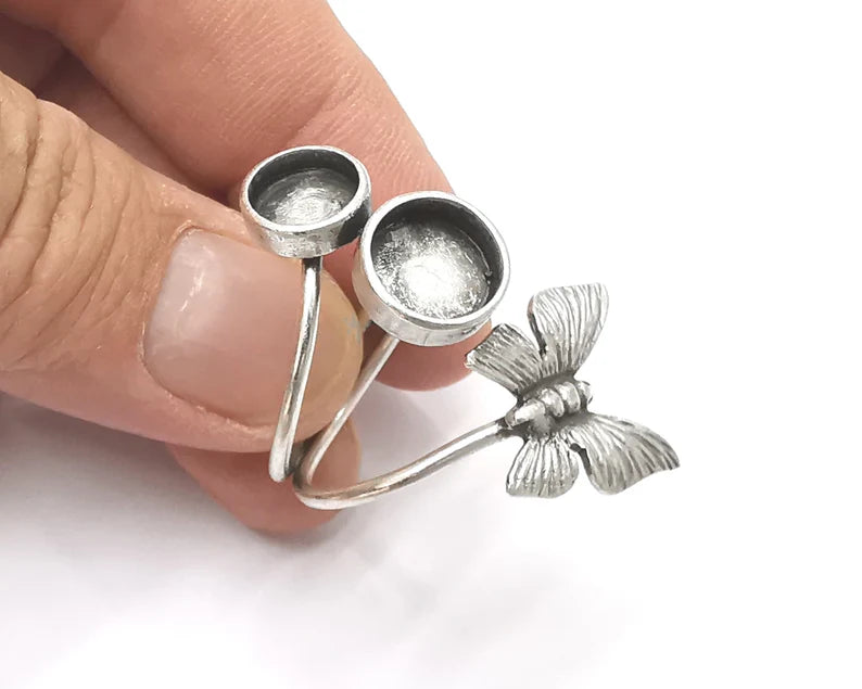 Butterfly silver ring setting blank cabochon mounting adjustable ring base bezel Antique silver plated brass (10 and 8mm) G26173
