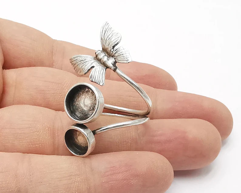 Butterfly silver ring setting blank cabochon mounting adjustable ring base bezel Antique silver plated brass (10 and 8mm) G26173
