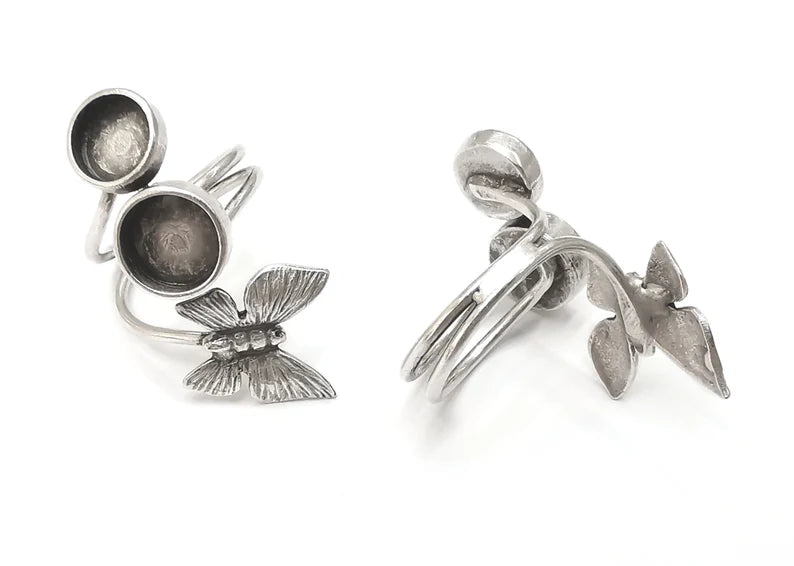 Butterfly silver ring setting blank cabochon mounting adjustable ring base bezel Antique silver plated brass (10 and 8mm) G26173