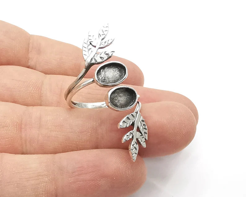 Leaf branch silver ring setting blank cabochon mounting adjustable ring base bezel Antique silver plated brass (9x6 mm) G26175