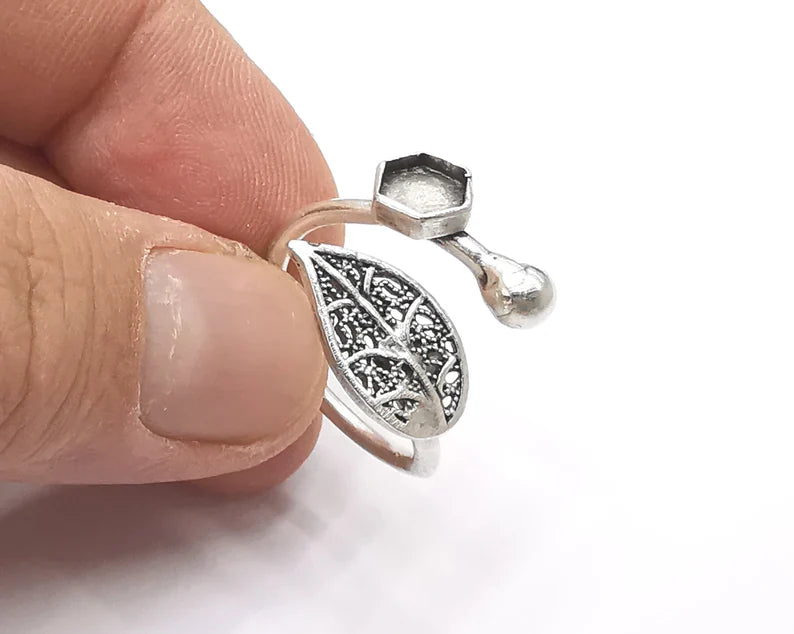 Leaf silver ring setting blank cabochon mounting adjustable ring base bezel Antique silver plated brass (6 mm) G26176