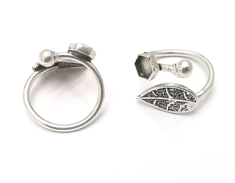 Leaf silver ring setting blank cabochon mounting adjustable ring base bezel Antique silver plated brass (6 mm) G26176
