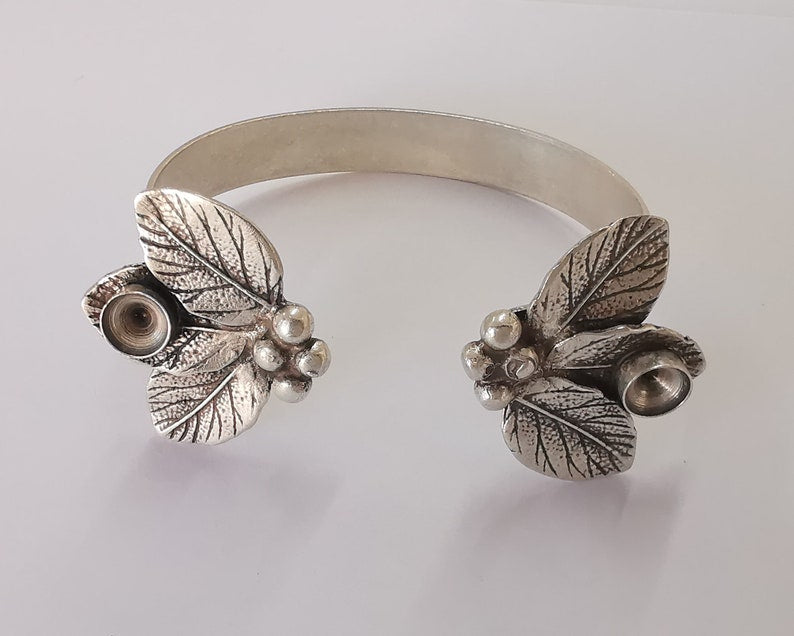 Leaves leaf bracelet cuff blank bezel Glass cabochon base Adjustable antique silver plated brass (8mm ) G25967