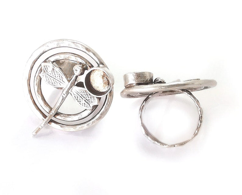 Dragonfly silver ring setting resin blank cabochon base inlay Ring mounting Adjustable Ring Bezel Antique Silver Plated Brass (8mm) G25971