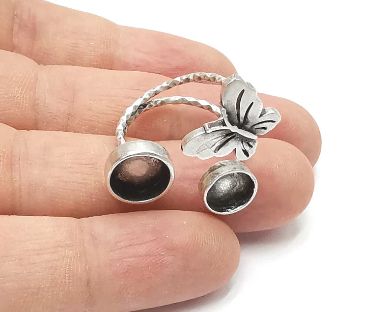 Butterfly silver ring setting blank cabochon mounting adjustable ring base bezel Antique silver plated brass (10 and 8 mm) G26179