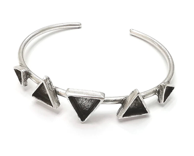 Triangle silver bracelet brass cuff blank bezel Glass cabochon base Adjustable antique silver brass G26181