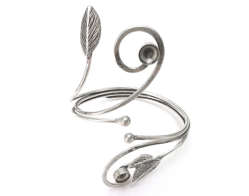 Leaf leaves branch silver bracelet brass cuff blank bezel Glass cabochon base Adjustable antique silver brass (8mm) G26184