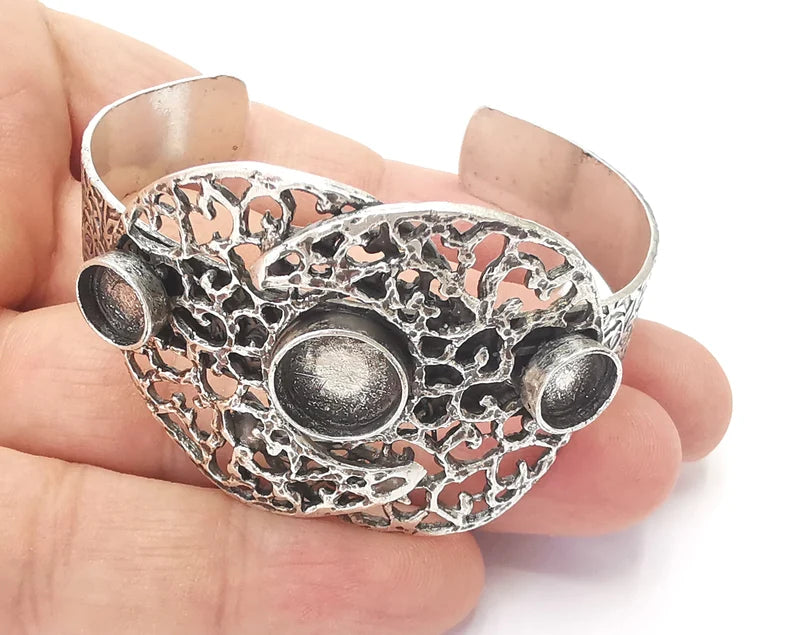 Filigree silver bracelet brass cuff blank bezel Glass cabochon base Adjustable antique silver brass (12 and 8mm) G26187