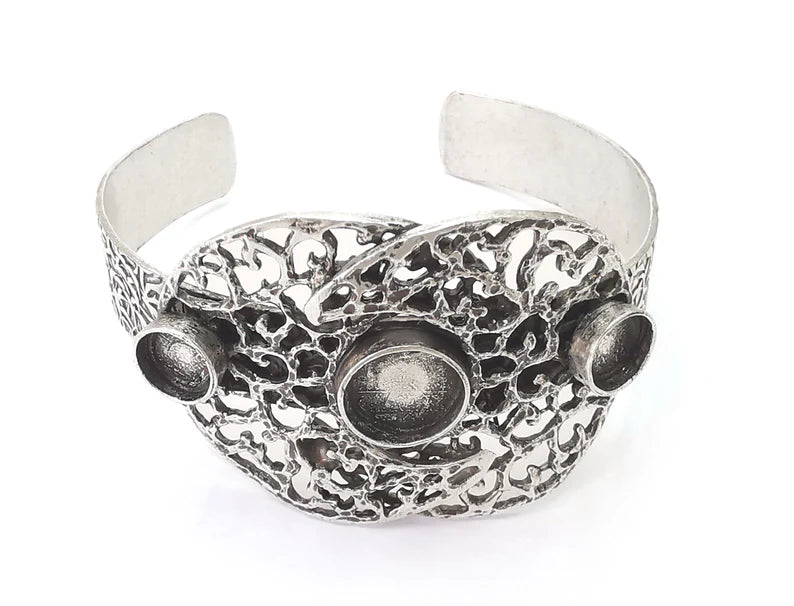 Filigree silver bracelet brass cuff blank bezel Glass cabochon base Adjustable antique silver brass (12 and 8mm) G26187