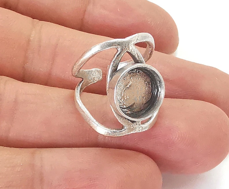 Silver ring setting resin blank cabochon base inlay Ring mounting Adjustable ring bezel Antique silver plated brass (10mm blank ) G25976