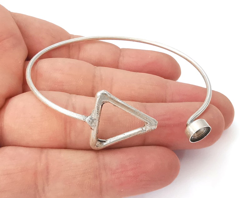 Triangle bracelet brass Cuff cone blank bezel Glass cabochon base Adjustable Antique silver plated brass (8mm blank) G25988