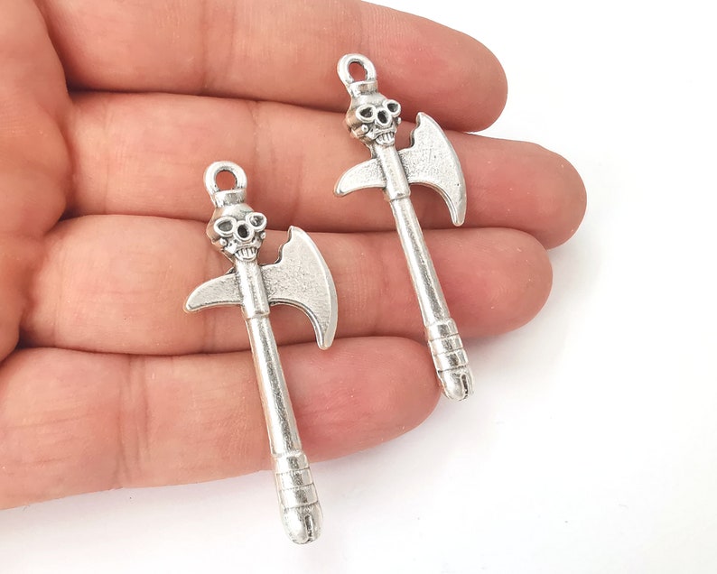 2 Axe skull charm (Double sided) Antique silver plated charms (53x22mm) G25991