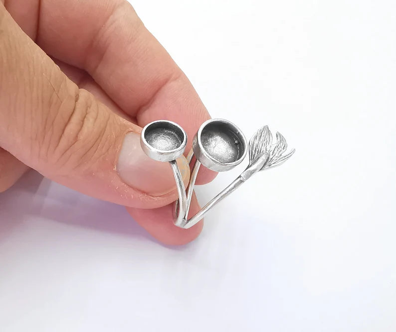 Leaf silver ring setting blank cabochon mounting adjustable ring base bezel Antique silver plated brass (8 and 10 mm) G26189