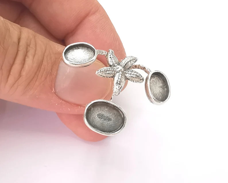 Starfish blank silver ring setting cabochon mounting adjustable ring base bezel Antique silver plated brass G26193