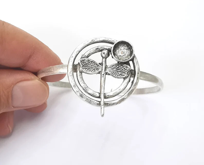 Dragonfly silver bracelet brass cuff blank bezel Glass cabochon base Adjustable antique silver brass (8 mm blank) G26196