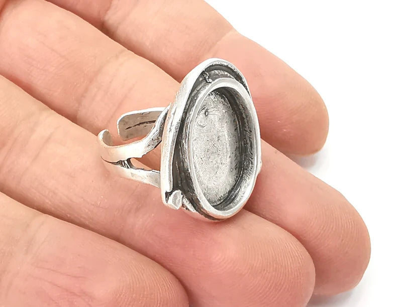 Oval blank silver ring setting cabochon mounting adjustable ring base bezel Antique silver plated brass (19x15mm) G26197