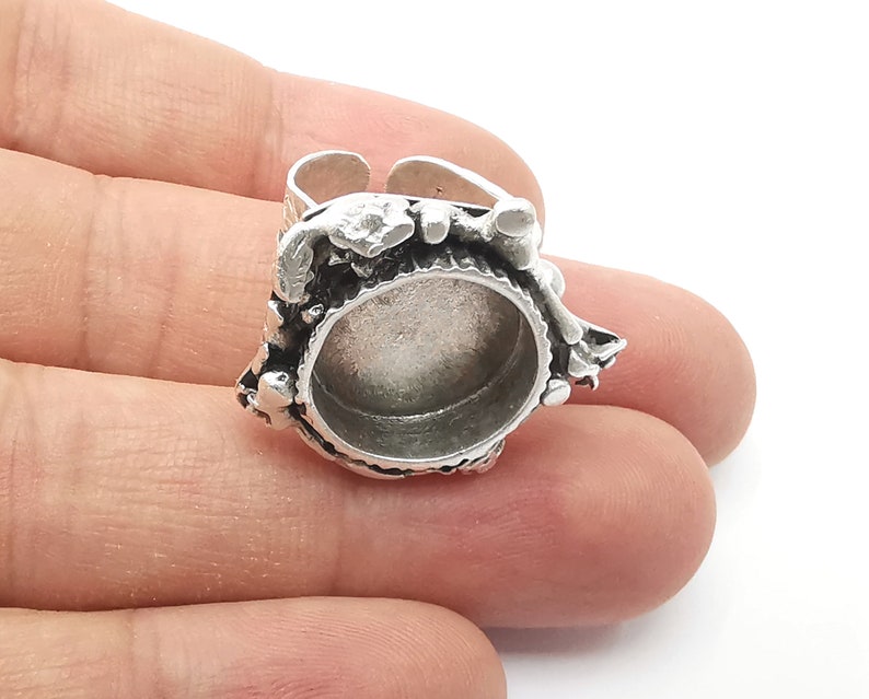 Ethnic blank silver ring setting cabochon mounting adjustable ring base bezel Antique silver plated brass (15mm) G26200