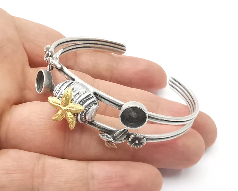 Starfish sea shell bracelet brass cuff blank bezel Glass cabochon base Adjustable antique silver and gold brass (8 mm blanks ) G26204