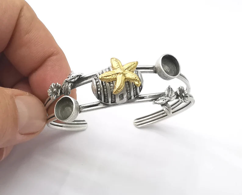 Starfish sea shell bracelet brass cuff blank bezel Glass cabochon base Adjustable antique silver and gold brass (8 mm blanks ) G26204