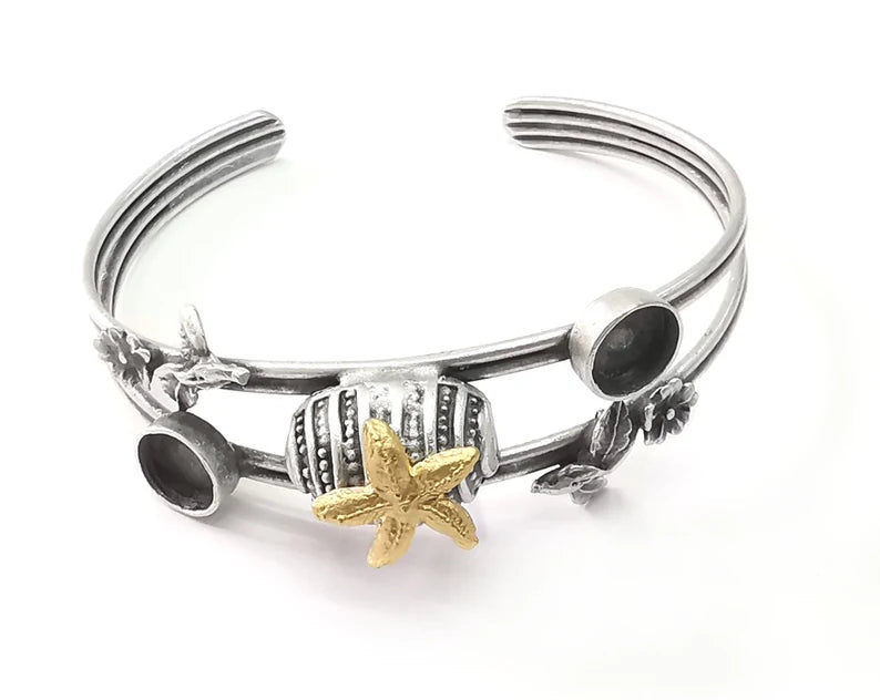 Starfish sea shell bracelet brass cuff blank bezel Glass cabochon base Adjustable antique silver and gold brass (8 mm blanks ) G26204