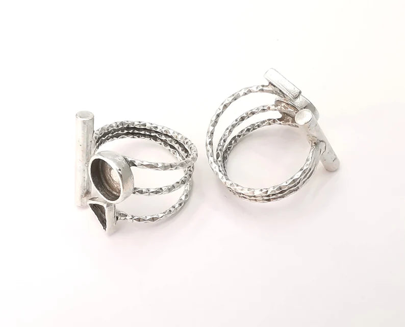 Rod Geometric blanks silver ring setting cabochon mounting adjustable ring base bezel Antique silver plated brass (8 and 6 mm) G26213