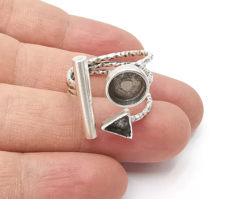 Rod Geometric blanks silver ring setting cabochon mounting adjustable ring base bezel Antique silver plated brass (8 and 6 mm) G26213