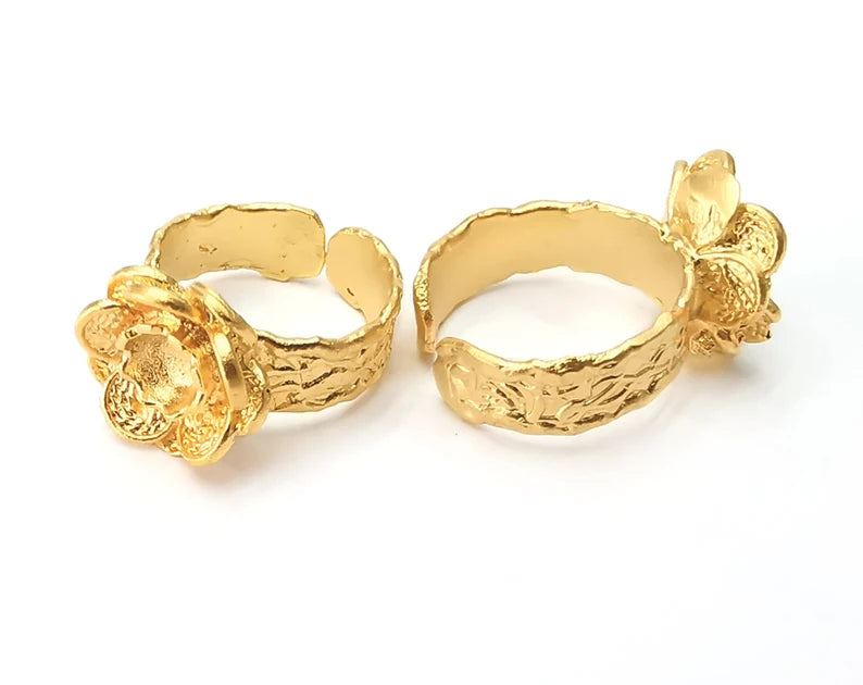 Flower ring blank base bezel settings cabochon base mountings adjustable Gold plated brass (6mm Blank) G26220