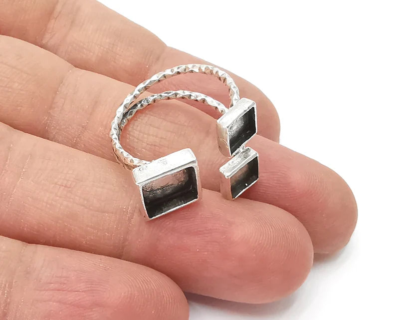 Square silver ring setting resin blank cabochon base inlay mounting Adjustable ring bezel Antique silver plated brass (8 and 6 mm) G26221