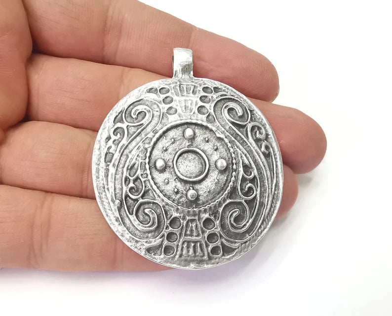 Ethnic round pendant blank bezel Antique silver plated pendant (58x48mm) G26228