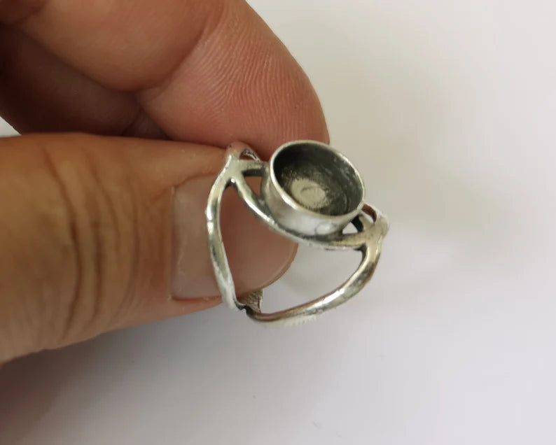 Silver ring setting blank cabochon mounting Adjustable ring base bezel Antique Silver Plated Brass (10mm) G26046