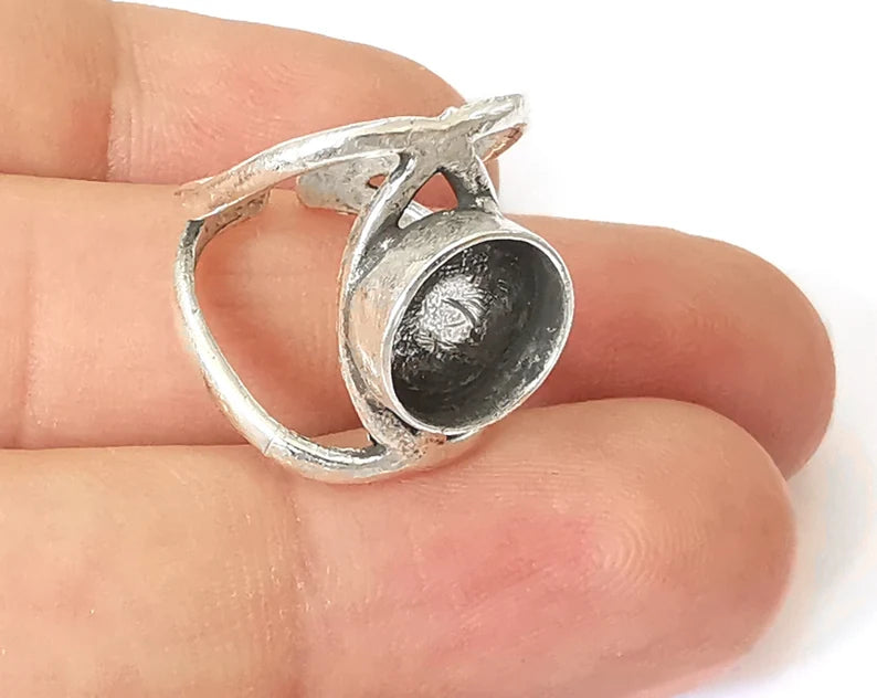 Silver ring setting blank cabochon mounting Adjustable ring base bezel Antique Silver Plated Brass (10mm) G26046