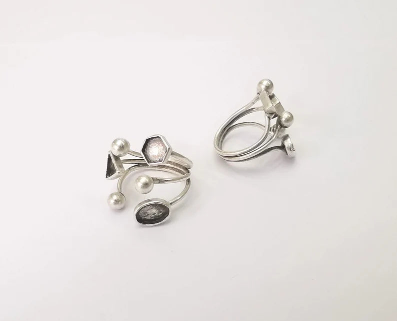 Geometric blanks silver ring setting cabochon mounting adjustable ring base bezel Antique silver plated brass G26229