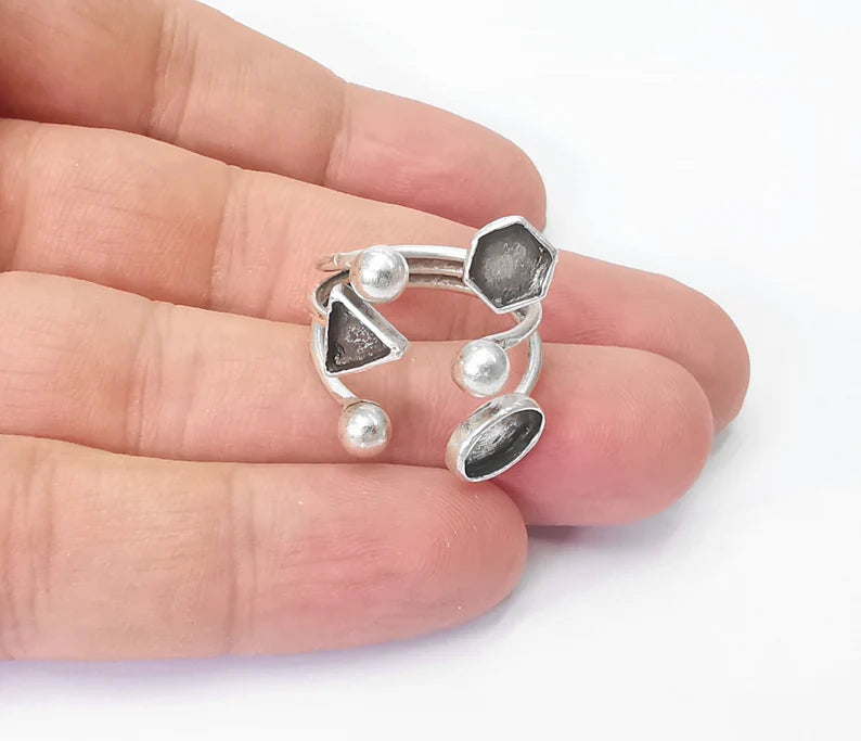 Geometric blanks silver ring setting cabochon mounting adjustable ring base bezel Antique silver plated brass G26229