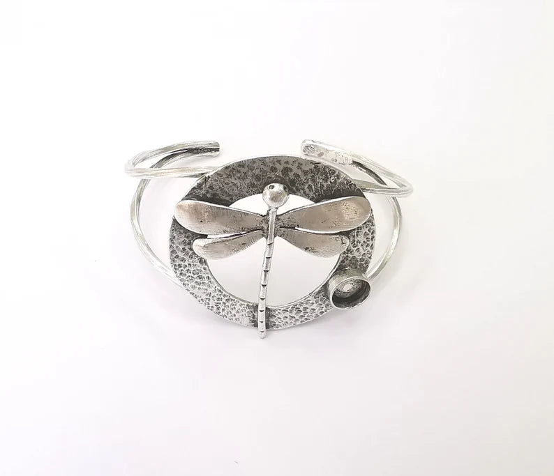 Dragonfly silver bracelet brass cuff blank bezel Glass cabochon base Adjustable antique silver brass (8mm blank) G26231