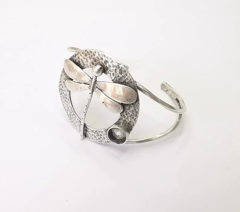 Dragonfly silver bracelet brass cuff blank bezel Glass cabochon base Adjustable antique silver brass (8mm blank) G26231