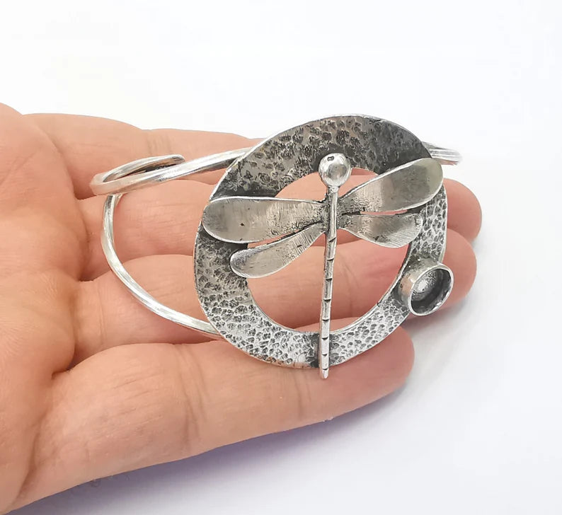 Dragonfly silver bracelet brass cuff blank bezel Glass cabochon base Adjustable antique silver brass (8mm blank) G26231