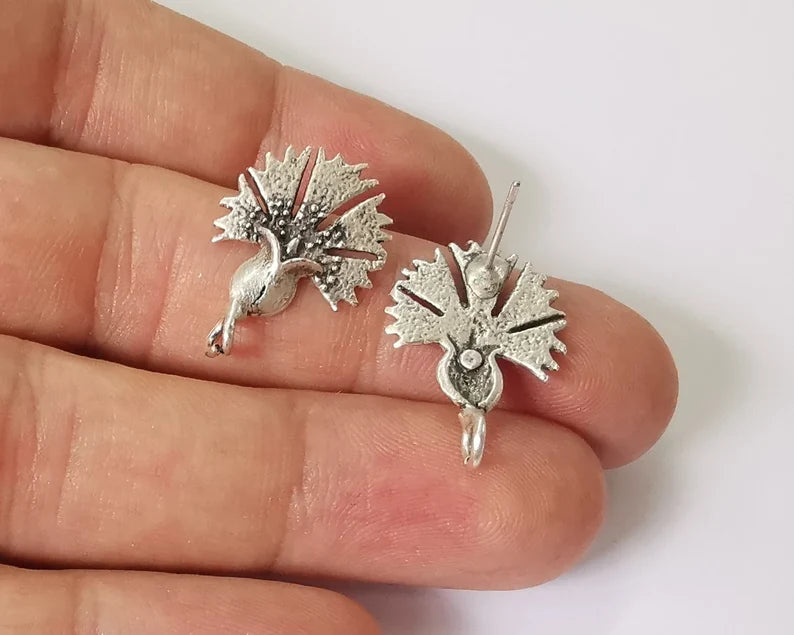 Flower earring stud base Earring posts Antique silver plated brass Earring 1 pair (24x16mm) G26055