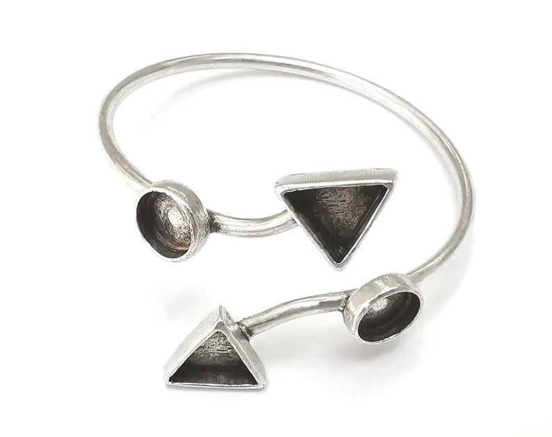 Geometric bracelet cuff blank bezel Glass cabochon base Adjustable antique silver plated brass (10 and 8 mm Blanks) G26241
