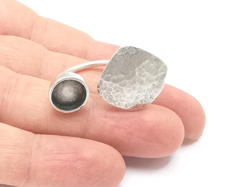 Plate hammered silver ring setting blank cabochon mounting adjustable ring base bezel Antique silver plated brass (10 mm) G26247