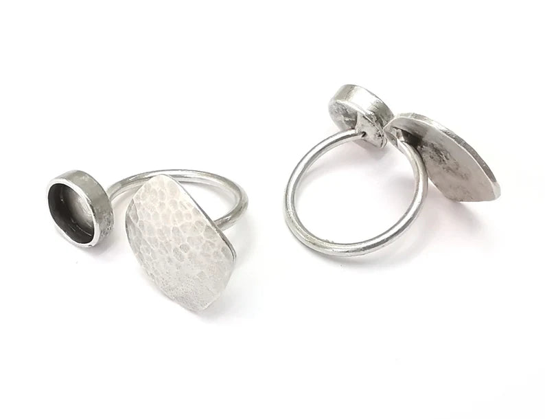 Plate hammered silver ring setting blank cabochon mounting adjustable ring base bezel Antique silver plated brass (10 mm) G26247