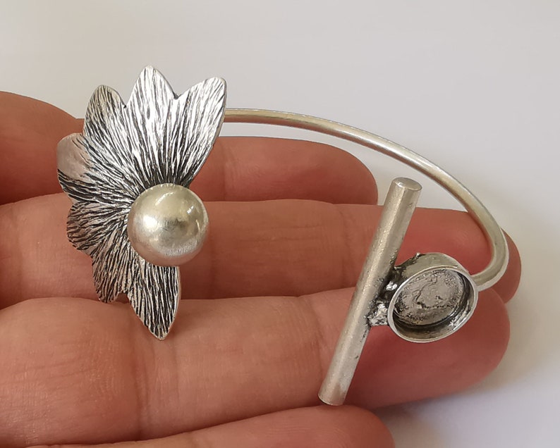 Flower Bracelet Brass Cuff Blank Bezel Glass Cabochon Base Adjustable Antique Silver Plated Brass (10mm ) G25844